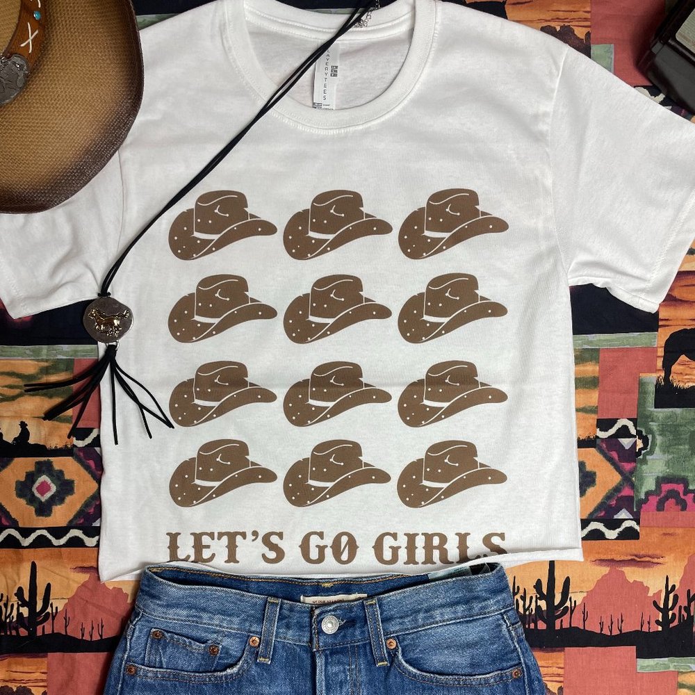 Let's Go Girls Cowgirl Cowboy Hats Country Western Bachelorette Graphic Crop Tee